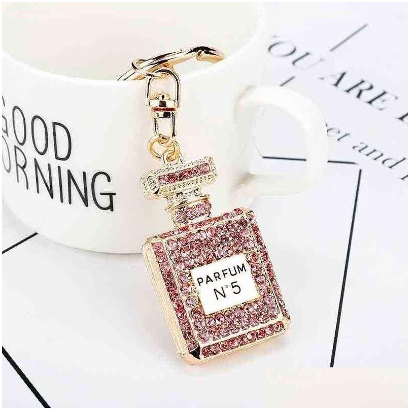 Keychains Lanyards Creative Fashion Rhinestone Keychain Bottle Key Chains Female Bag Car Pendant Line Up Birthday Gift T220909 Dro Dhfdy