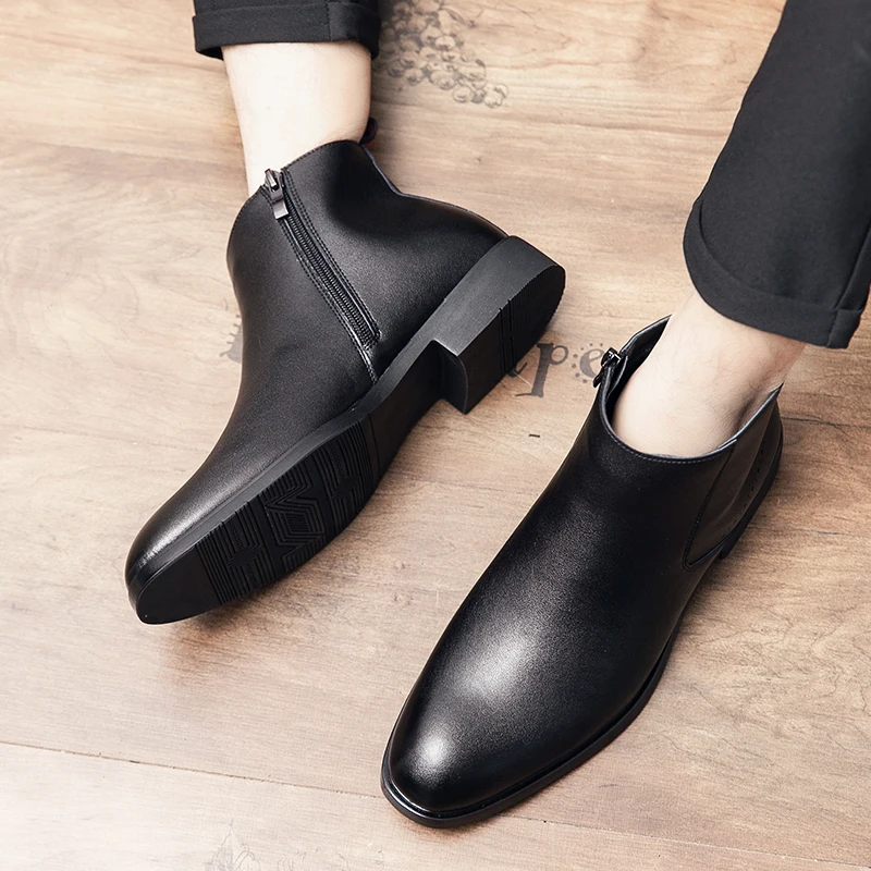 Winterwijnrood herenmode Chelsea-laarzen Beknopte lederen korte laarzen Klassieke zakelijke enkellaarsjes met ritssluiting Zwarte schoenen