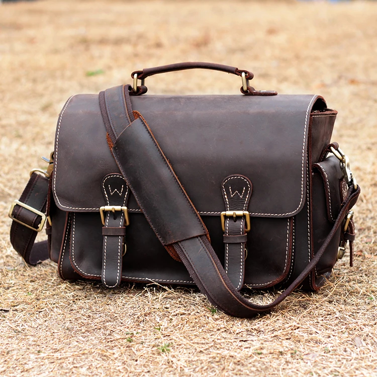 MAHEU vintage style leather shoulder bag crossbody bag men messenger bag for camera message bag crazy horse leather video camera