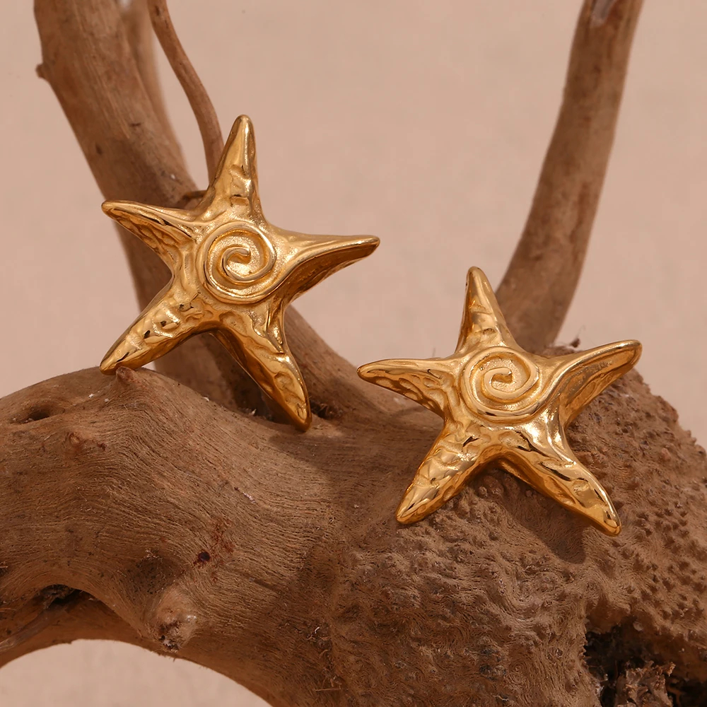 Whirlpool Hammer Pattern Pentagonal Star Earrings 316L Stainless Steel Women's Earrings 18K Gold Plated Gift