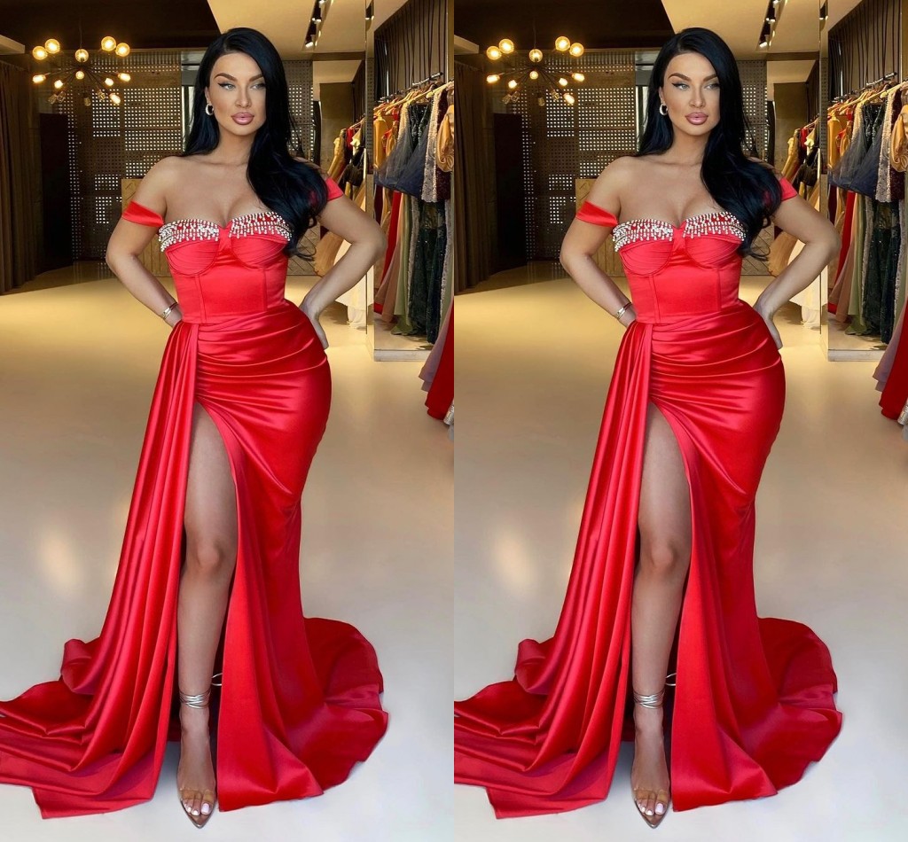 Sexy Red Plus Size Mermaid Prom Dresses Long for Women Beadings Sweetheart Satin Pleats Sweep Train High Side Split Birthday Evening Party Pageant Gowns