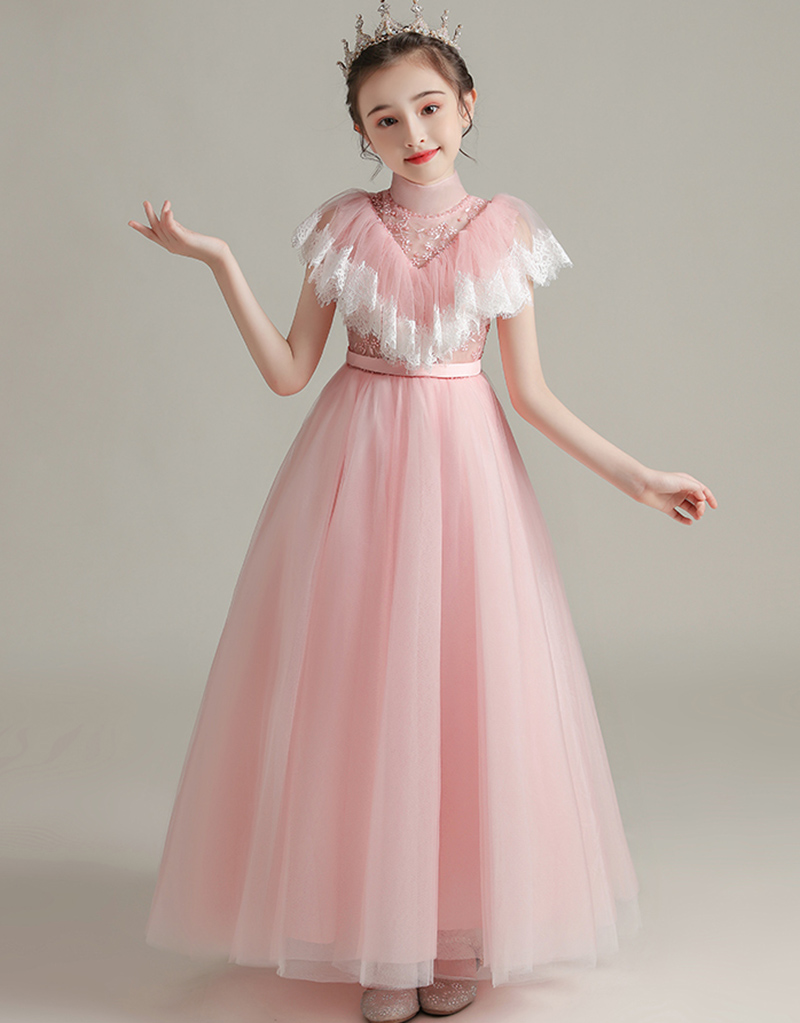 Ładny różowy tiul high kołnierzyka Koraliki Flower Girl Dresses Girl's konkurs sukienki dziewczyny urodziny/spódnica dziewczyna codzienna sukienka niestandardowa SZ 2-12 D321069