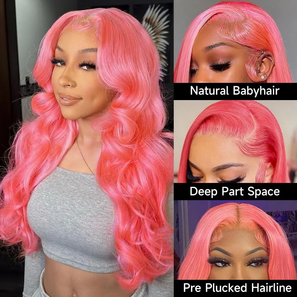 Perruque Lace Front Wig Body Wave naturelle Remy, cheveux roses, couleur HD, blond 613, 13x4, pour femmes