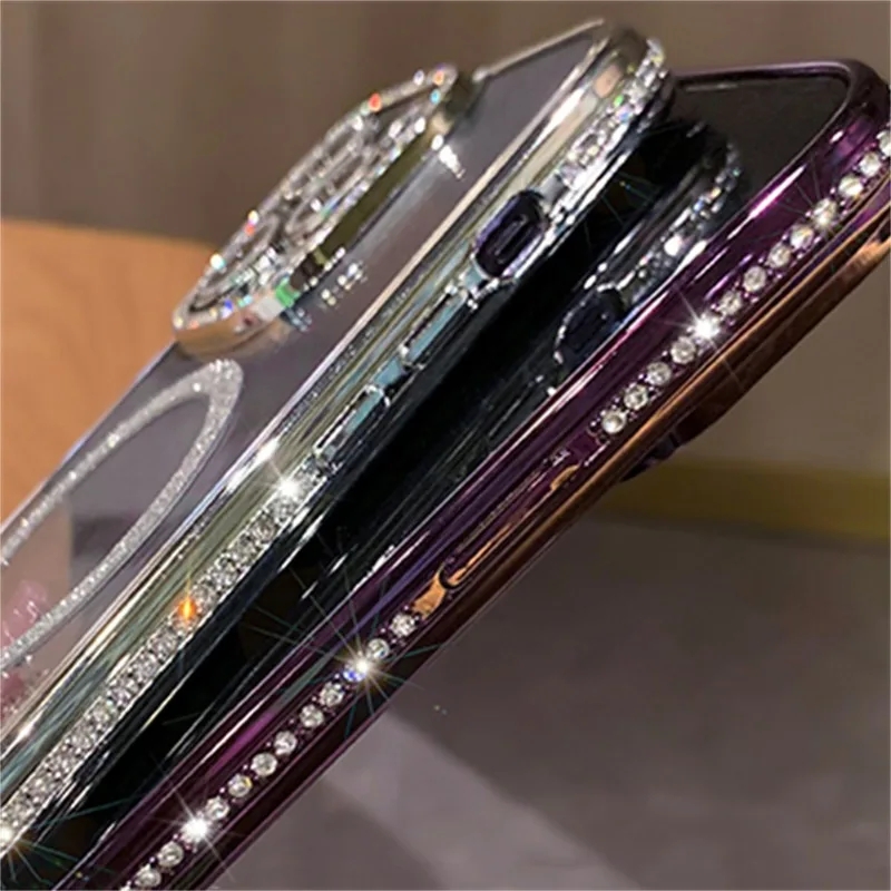 Capa magnética com brilho e diamante para iphone 15 14 13 12 11 pro max plus strass galvanizada com joias transparente