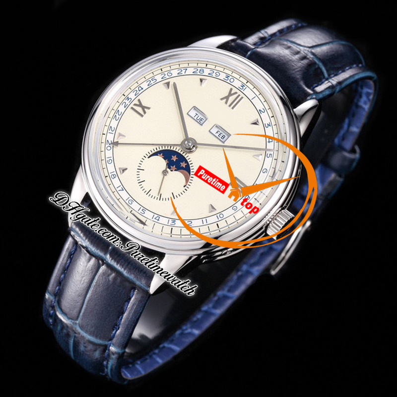 Historiques Triple Calendrier 3100V A4400 Automatyczne męskie zegarek TWF 40 mm Moonphase Stael Case Beige Diaj Blue Skórzane Super Edition Puretime RelOJ Hombre PTVC