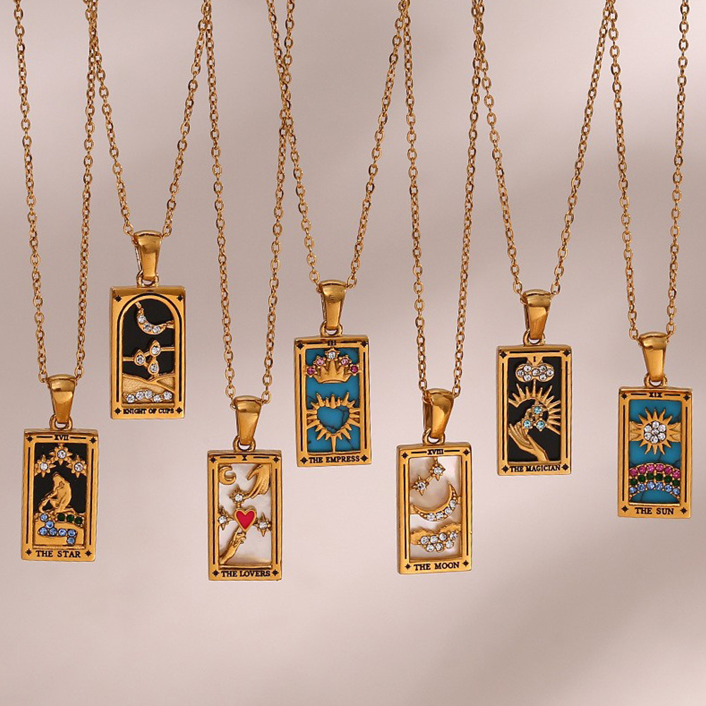 18k Gold Plated Stainless Steel Square Colorful Enamel Tarot Cards Pendant Necklace Jewelry