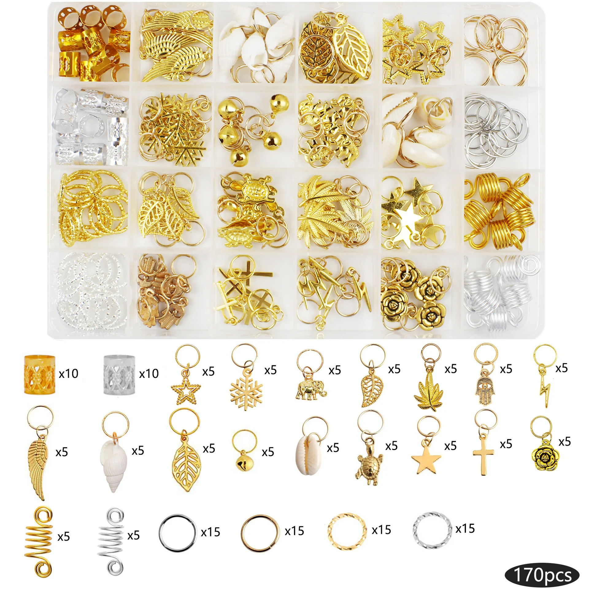 Tools /box Gold Mix Leaves Spring Ring Hair Braid Dreadlocks Beads Clips Hair Decoration Accessories with Storage Box