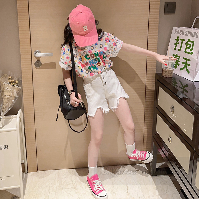 Old girls summer clothing sets big kids floral letter printed short sleeve T-shirt irregular shorts 2024 fashion teenagers casual outfits Z7270