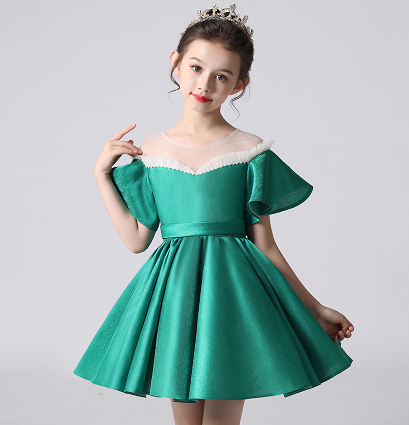 Jolies perles de bijou en satin bleu vert robes de fille de fleur courtes robes de concours de fille jupe d'anniversaire/fête fille robe de tous les jours personnalisé SZ 2-12 D321079