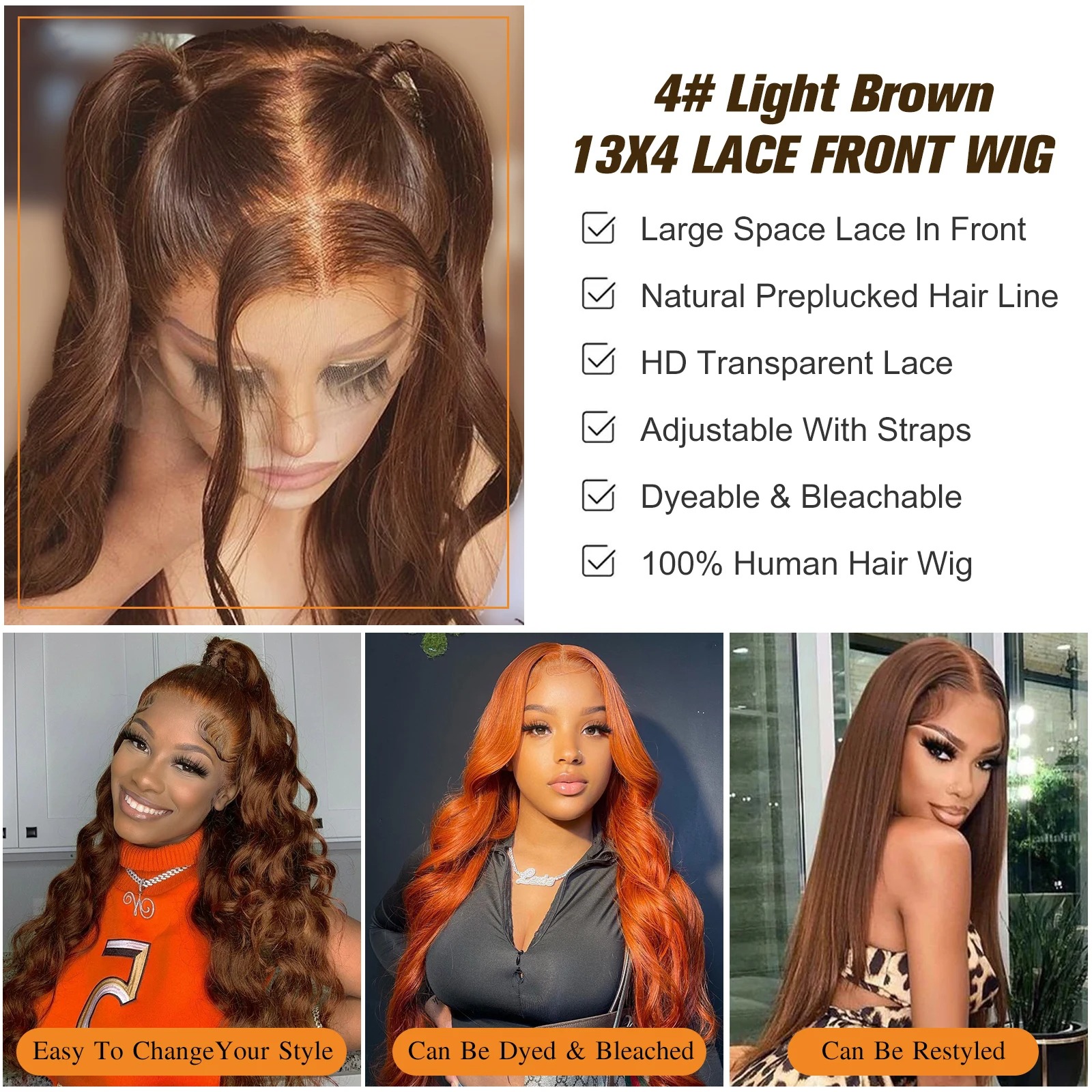 Perruque Lace Front Wig Body Wave naturelle Remy, cheveux humains, brun chocolat, HD, 13x4, 100% cheveux humains, pre-plucked, couleur