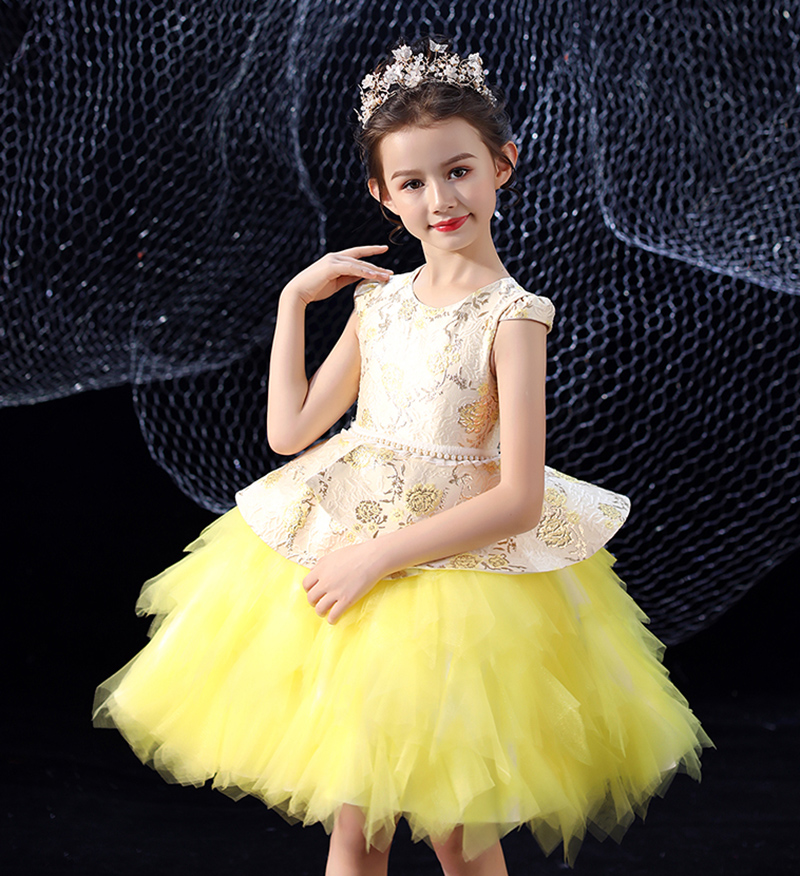 Sweet Yellow Satin/Tulle pärlor Knäslängd Girls födelsedagsklänningar Flower Girl Dress Girl's Pageant Dresses Girl's Party Kirt Girl's kjol Custom SZ 2-12 D321060