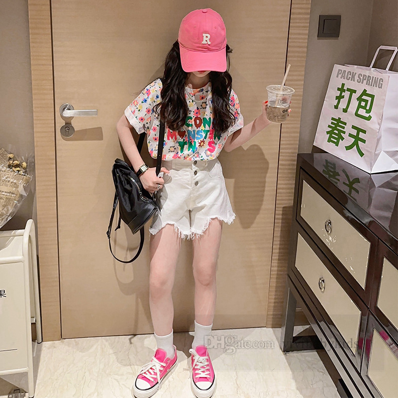 Old girls summer clothing sets big kids floral letter printed short sleeve T-shirt irregular shorts 2024 fashion teenagers casual outfits Z7270