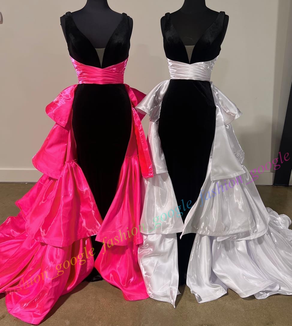 Robe de bal ajustée en velours, col en V, jupe à volants en satin pour femme, concours de beauté, bal de fin d'année, soirée formelle, événement Hoco Gala, cocktail, tapis rouge, piste, noir, rose vif