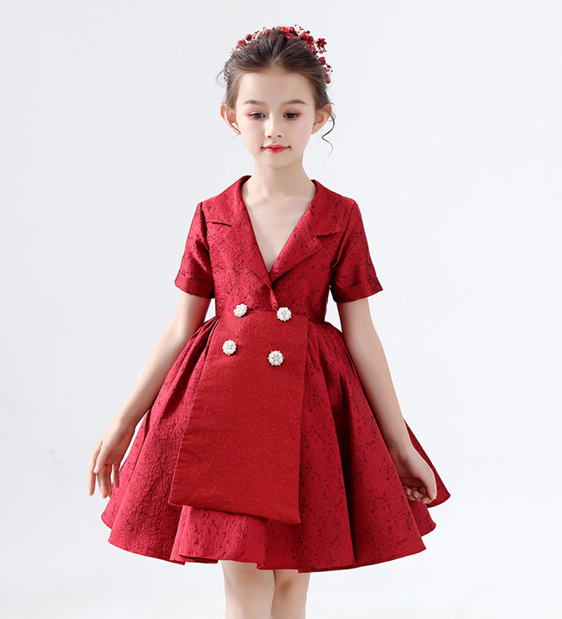 Sweet Red Satin V-Neck Short Flower Girl Dresses Girl's Pageant Dresses Girls Birthday/Party Skirt Girl Everyday dress Custom SZ 2-12 D321067