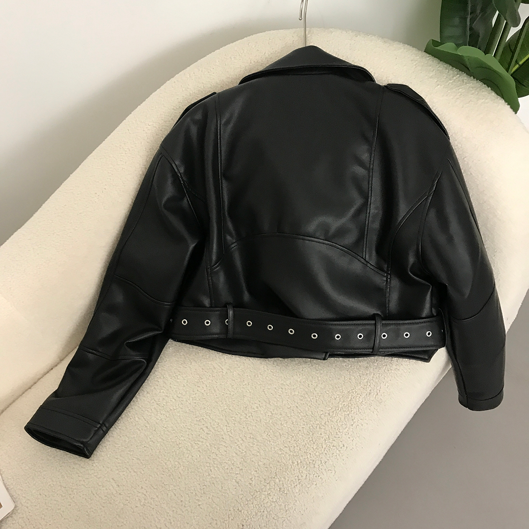 OFTBUY Frauen Vintage Lose Pu Kunstleder Kurze Jacke mit Gürtel Streetwear Weibliche Zipper Retro Moto Biker Mantel Outwear Tops