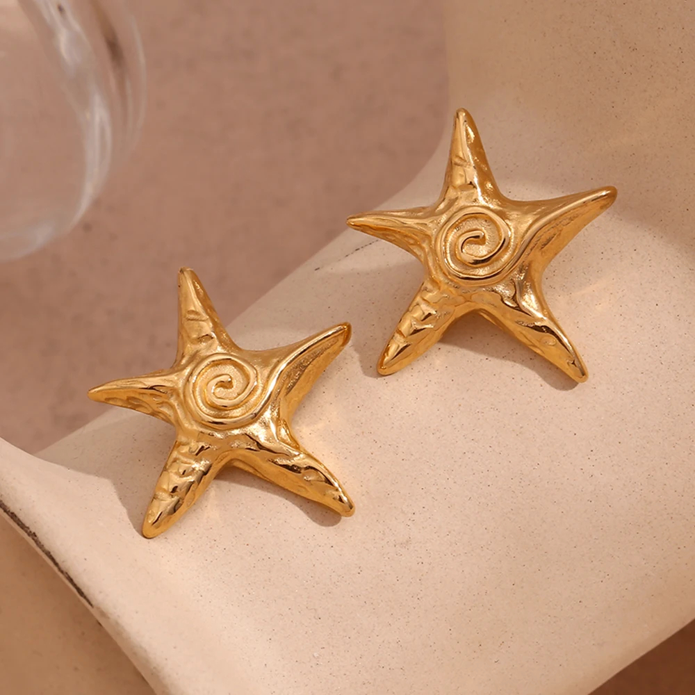 Whirlpool Hammer Pattern Pentagonal Star Earrings 316L Stainless Steel Women's Earrings 18K Gold Plated Gift