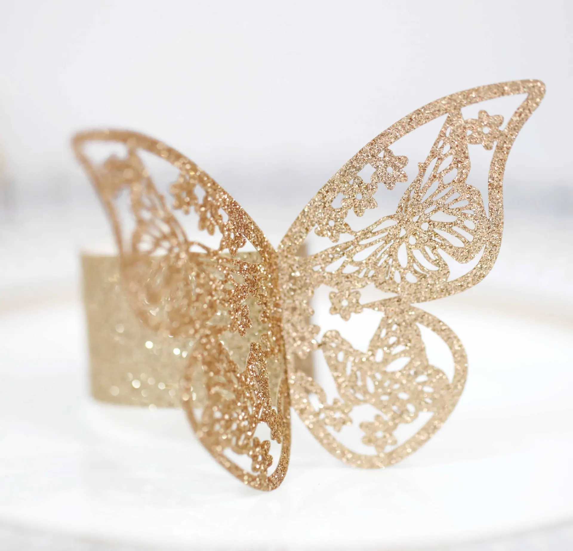 Anelli asciugamani 25 pezzi Anelli tovaglioli a farfalla 3D lampeggianti Fibbia in carta dorata Decorazione la tavola da pranzo la casa Banchetti En El Anelli tovaglioli a farfalla 240321