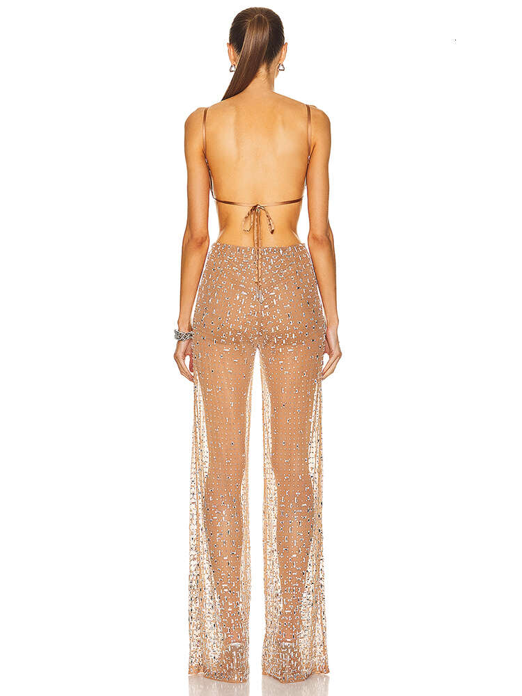 Sexiga remmar perspektiv Mesh Crystal Diamond Jumpsuit Women Aprikos ärmlös backless Shiny Rhinestone Jumpsuits Party Club