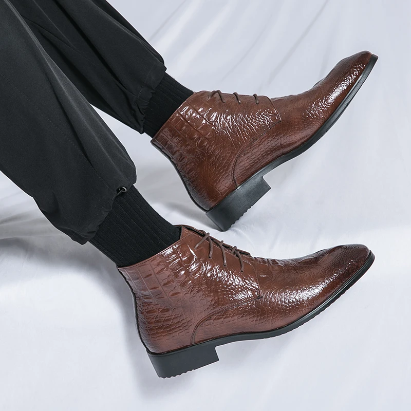 Clássico retro masculino botas de couro de negócios moda chelsea botas tornozelo vestido curto botas padrão de crocodilo mais tamanho 38-48