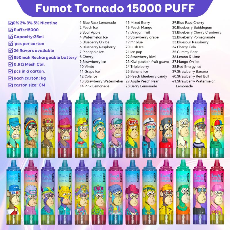 Fumot randm tornado puff 15000 engångscigaretter 2% 3% 5% 25 ml e-vätska mesh spole uppladdningsbar vape fumot r och m 15k puff shisha 41 färger vaper utco 18k 18000 puff puff