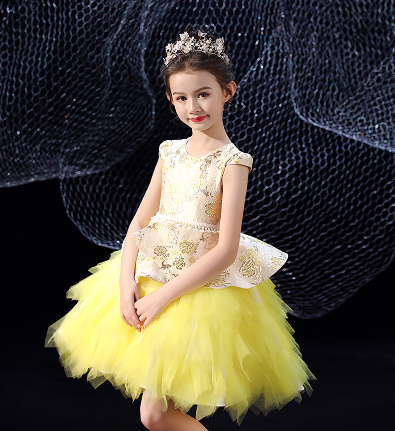 Sweet Yellow Satin/Tulle pärlor Knäslängd Girls födelsedagsklänningar Flower Girl Dress Girl's Pageant Dresses Girl's Party Kirt Girl's kjol Custom SZ 2-12 D321060