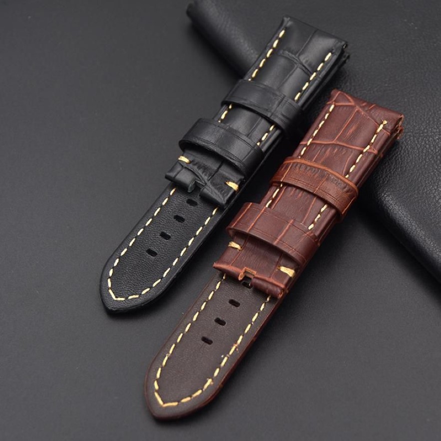 Watch Bands 22mm 24mm Leather Thick Strap Genuine Band For Pam Brown Black Straps Bracelet Wristband2872