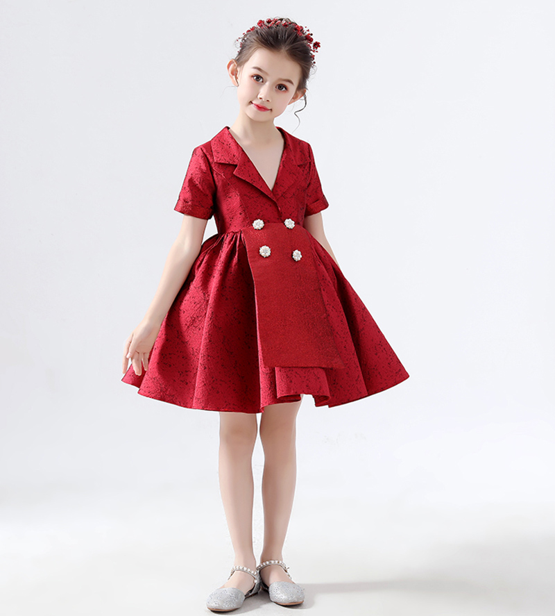 Sweet Red Satin V-Neck Short Flower Girl Dresses Girl's Pageant Dresses Girls Birthday/Party Skirt Girl Everyday dress Custom SZ 2-12 D321067