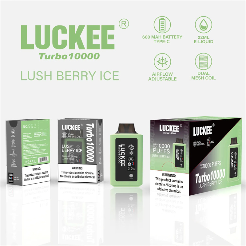 Luckee Turbo 10000 Puffs 600mAh Battery 22 ml E-Liquid Type-C Uppladdningsbar dubbelmaskspol Turbo-läge med LED-indikator med luftflödesjusterbar