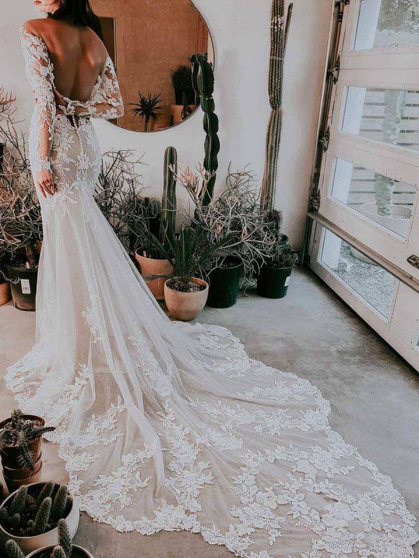 Boho Long Sleeves Mermaid Wedding Dresses Elegant Sheer Scoop Neck Lace Applique Sweep Train Beach Garden Plus Size vestido Backless Bridal Gown de BC12016 0321