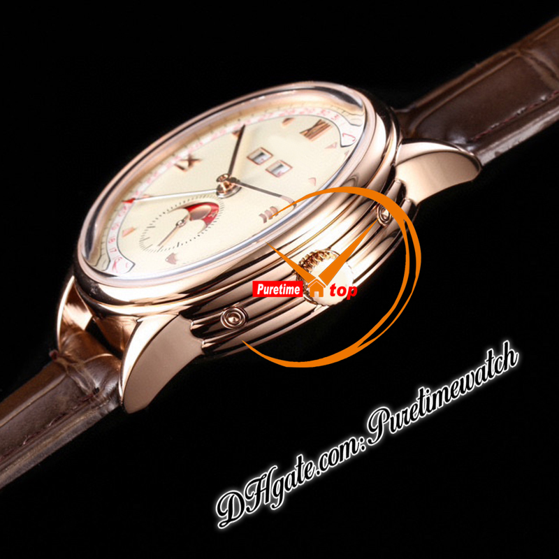 Historiques Triple calendrier 3100V A4400 Automatic Mens Watch TWF 40mm MoonPhase Rose Gold Beige Dial Blue Leather Super Edition Puretime Reloj Hombre PTVC