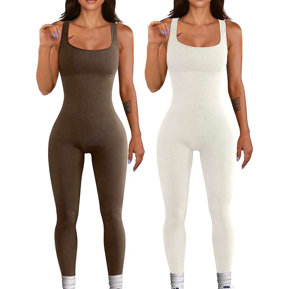2024 Summer Sexy Women's Yoga Ribbed Square Neck Sleeveless Sports Jumpsuit Pants