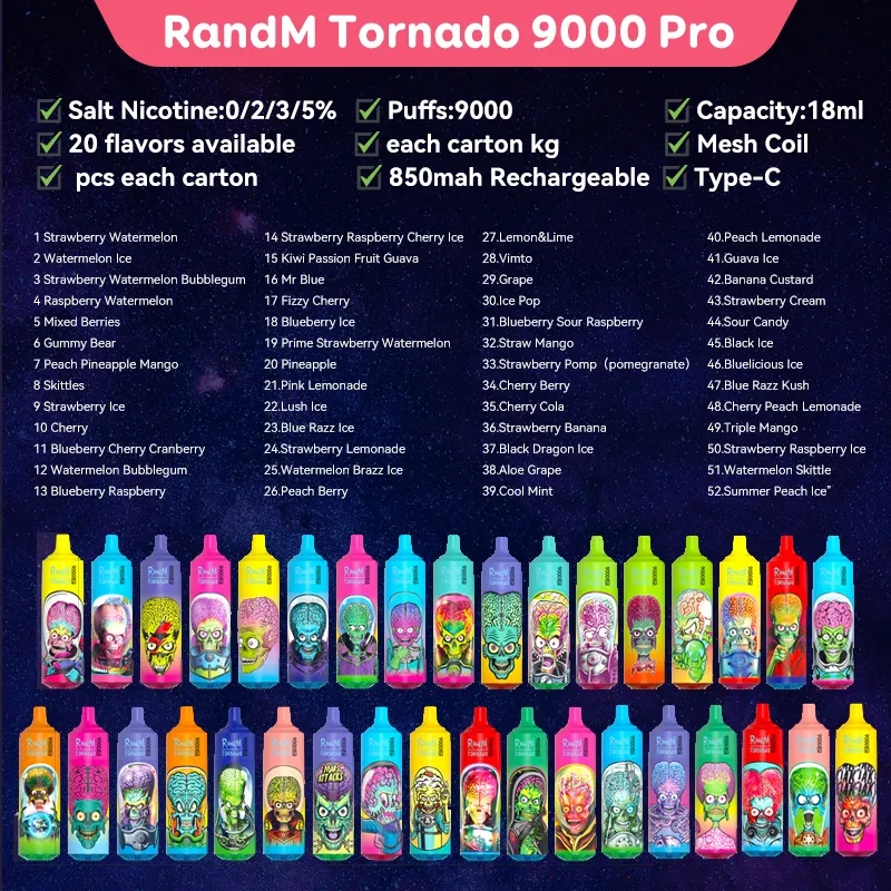 52 Flavors Original RandM Fumot Tornado 9000 Pro 9K Puffs Disposable Vape 18ml 0.8ohm Mesh Coil Battery Rechargeable 0/2/5 E Cigarettes RGB Light Battery Oil Display