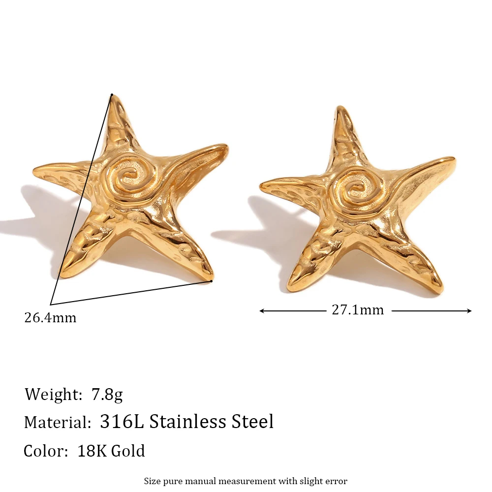 Whirlpool Hammer Pattern Pentagonal Star Earrings 316L Stainless Steel Women's Earrings 18K Gold Plated Gift