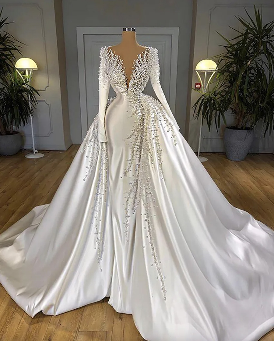 Luxury Pearls Mermaid Wedding Dresses with Overskirt V Neck Satin Long Sleeve Bridal Gowns Elegant Wedding Dress robes de mariee