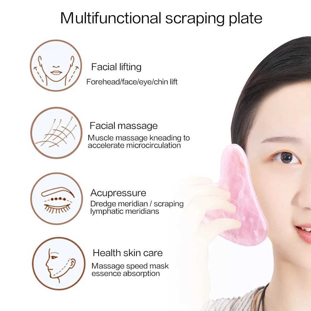 Ansiktsmassager 100% Natural Rose Quartz Massager Jadeite Stone Guasha Scraper Facial Slimming Skin Care Massage Ansikt Neck Body Guasha 240321