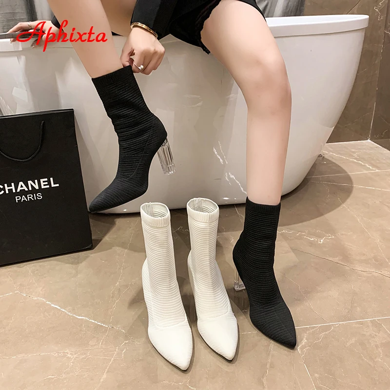 Sandals Aphixta New 9cm Transparent Square Heel Sock Boots Women Stripe Stretch Fabrics Kniting Pointed Toe Shoes Plus Size 42