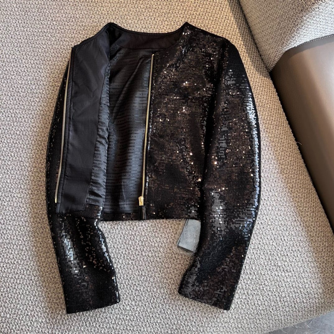 Vinatge 2024 Black O Neck Sequins Long Sleeves Zipper Women's Coat Designer High End women's Jacket 3211