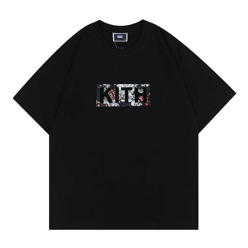 Designer Kith Summer Street Fashion Short Sleeved Floral Square Printed T-shirt Mens and Womens Loose Round Neck