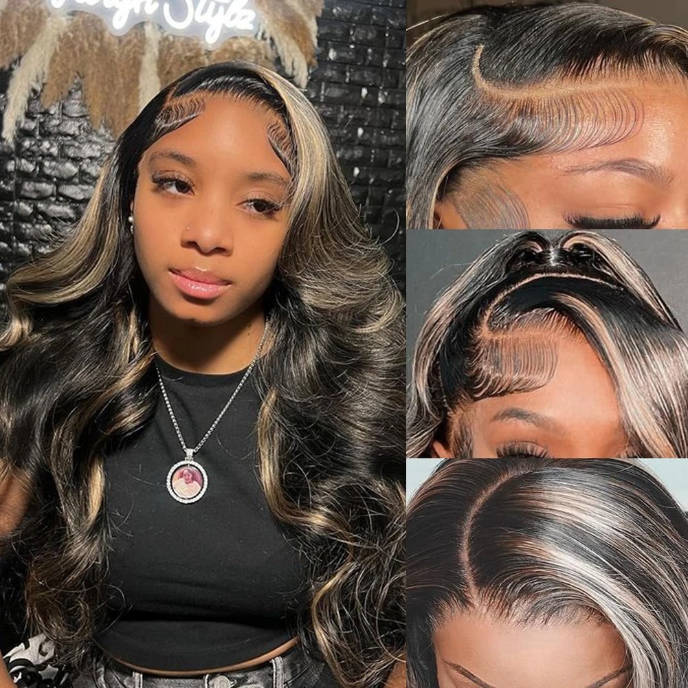 13x6 Highlight Ombre Spets Front Wig Human Hair 1B27 Balayage Body Wave HD Spets Frontal Wigs Black and Blonde Highlight Wavy Wig Wig