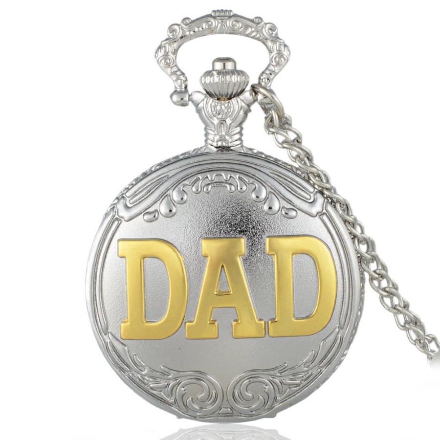 Silver och guld pappa tema full kvarts graverad fob retro hänge pocket klockkedja gåva2239