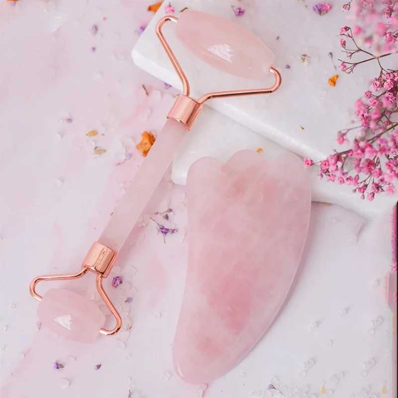 Rosto massageador jade rolo rosto gua sha ferramenta conjunto rosa quartzo cristal máquina de massagem cuidados com a pele facial corpo e pescoço saúde massagem raspador 240321