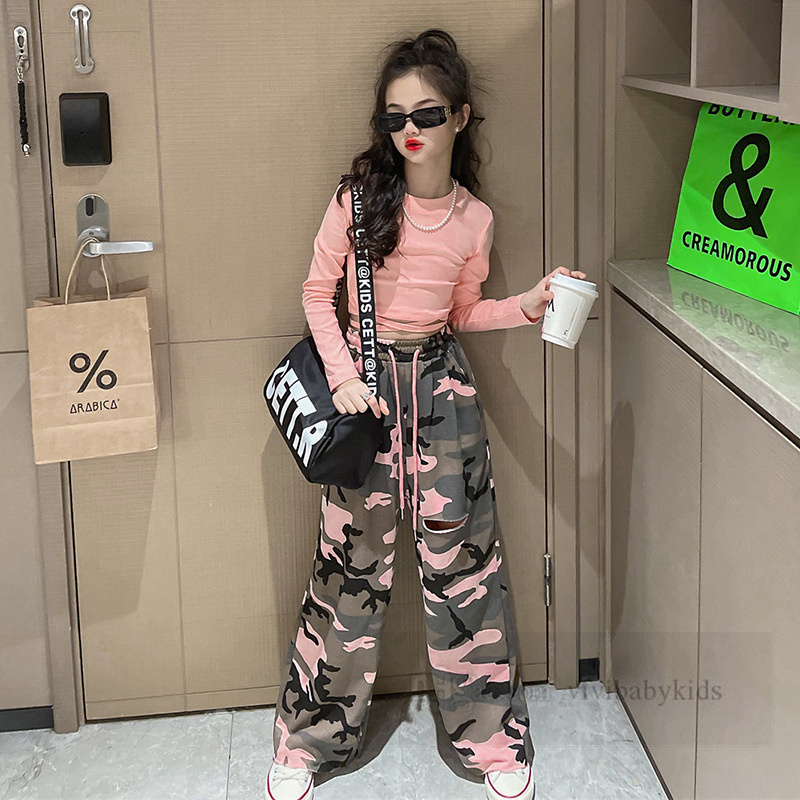 2024 Lente Tieners gat camouflage broek grote meisjes trekkoord taille losse cargo broek oude kinderen lace-up lange mouwen T-shirts Z7268