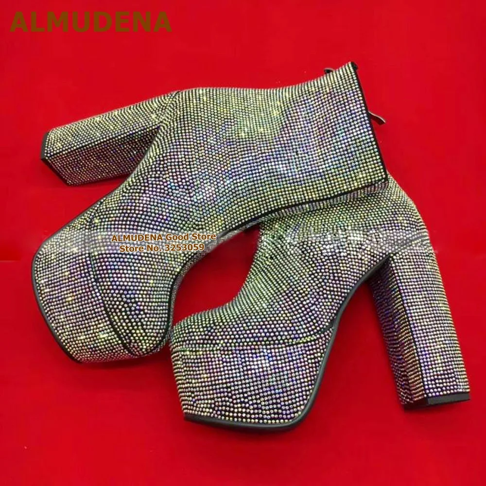 Stövlar almudena svart multicolor crystal chunky heel ankel stövlar lyx glitter full strass plattform bröllopskor lysande stövlar