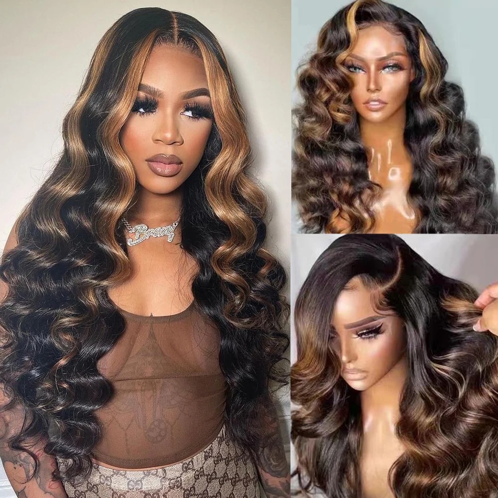 Perruque Lace Frontal Wig Body Wave naturelle, cheveux naturels, à reflets blonds, 13x6, 4x4, 5x5, avec Closure Hd