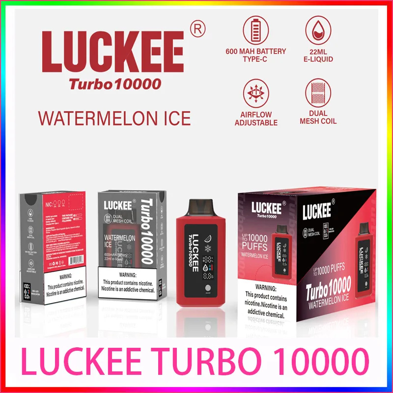 Luckee Turbo 10000 Puffs 600mAh Battery 22 ml E-Liquid Type-C Uppladdningsbar dubbelmaskspol Turbo-läge med LED-indikator med luftflödesjusterbar