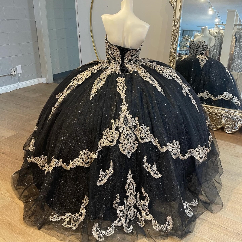 Luxury Black Shiny Sweetheart Appliques Off The Shoulder Quinceanera Dress 2024 Ball Gown Floor Length 15 Anos Prom Pageant Dress