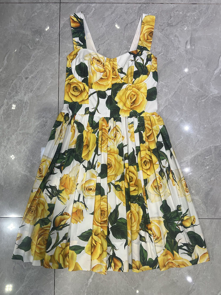 100％綿黄色のバラの花印刷ドレス夏の女性パーティーホリデーキャミソールエレガントな女性スリミング