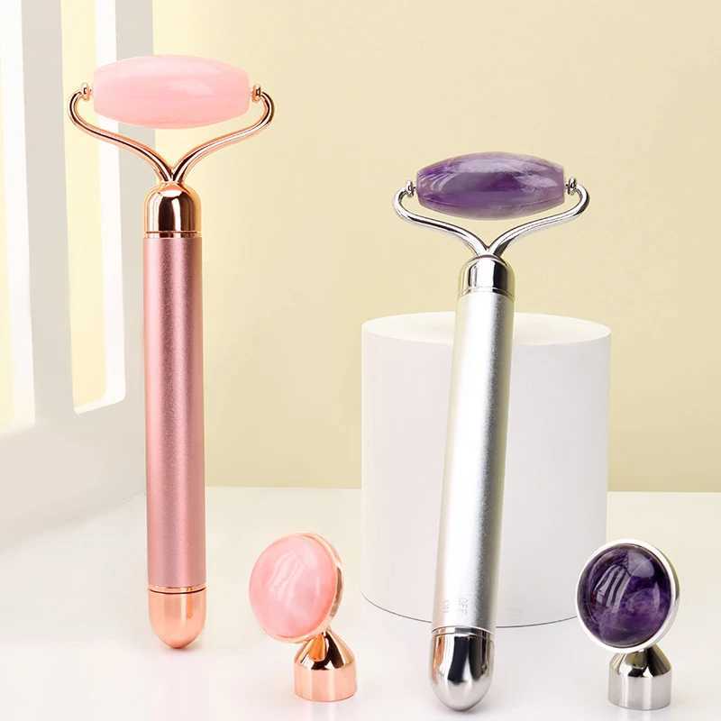 Face Massager 2-in-1 Electric Vibration Natural Rose Quartz Jade Roller Facial Lift Crystal Jade Facial Roller Beauty Massage Tool 240321