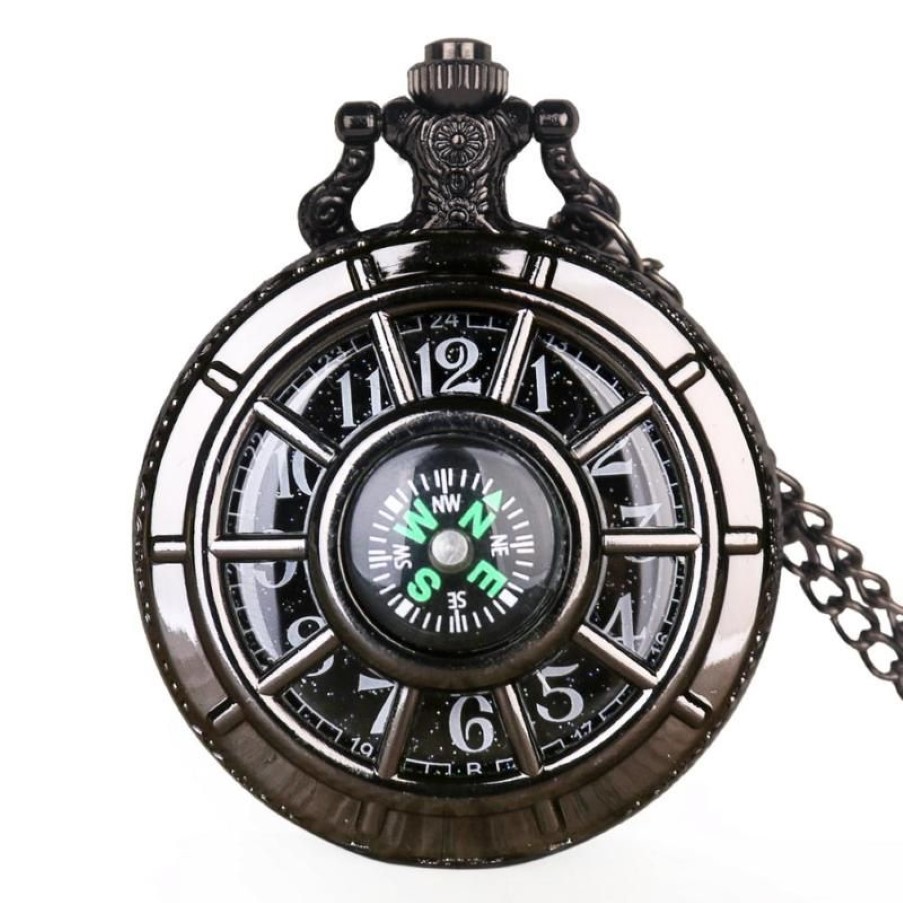 Pocket Watches Compass Fashion Design Vintage Hollow Skeleton Watch Black Starry Round Dial Antique Pendant Clock Gifts Men Women253T
