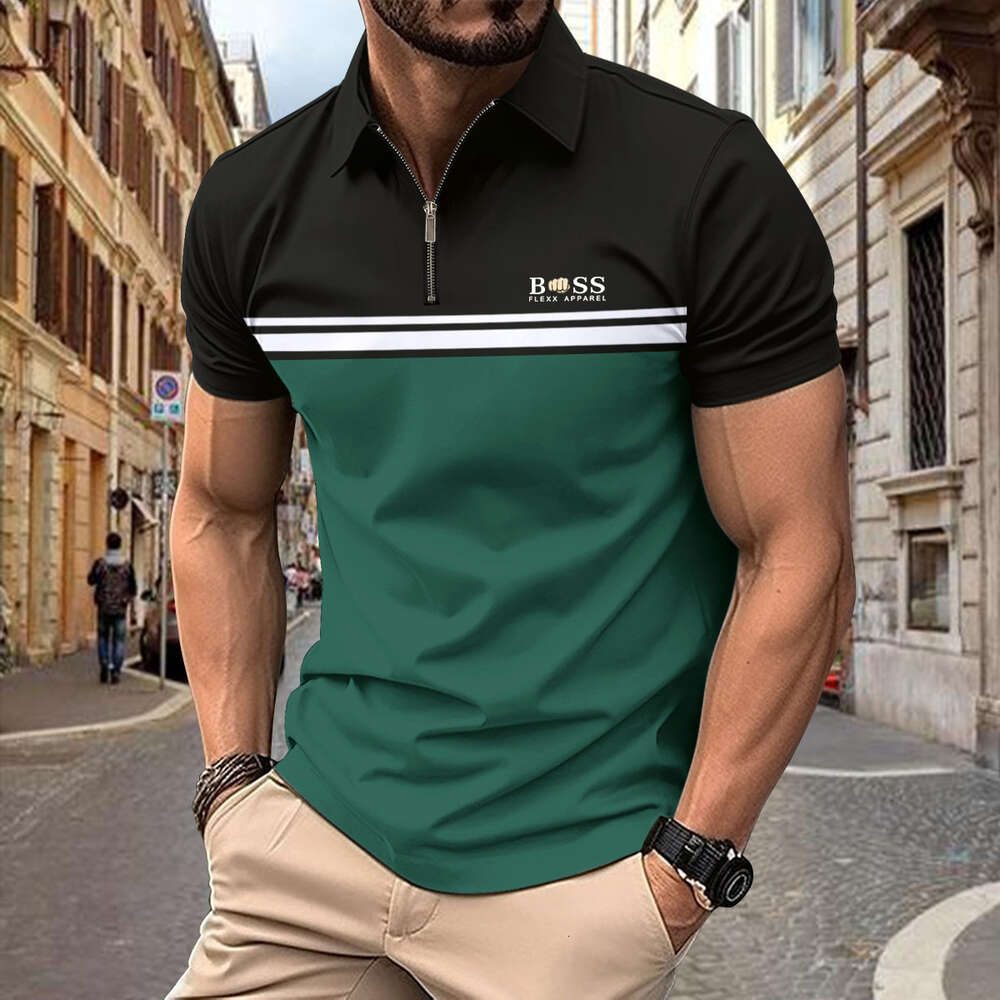 Spring/summer New European American Zipper Loose Casual Breathable Sweat-absorbing Pocket Men's Sports Polo Shirt